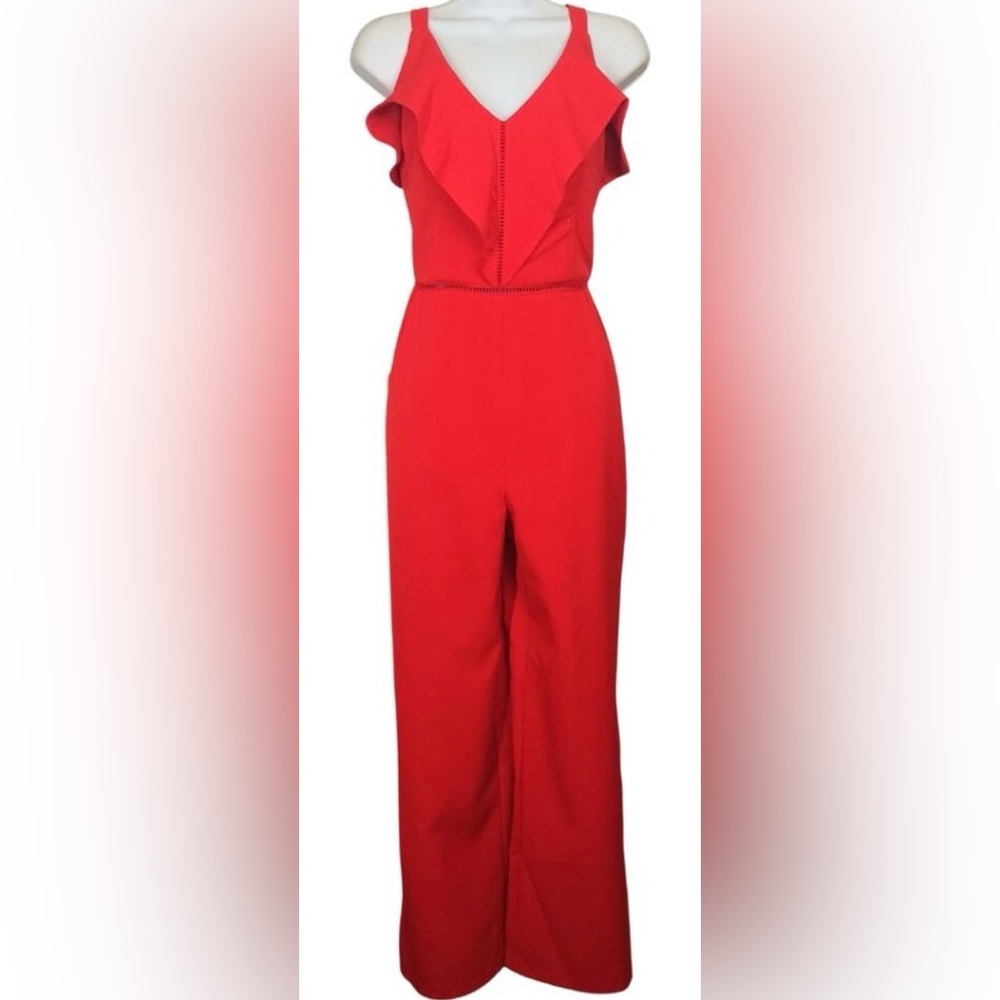 Adelyn Rae Women’s V-neck ruffle accent wide leg jumpsuit zipper back in Small